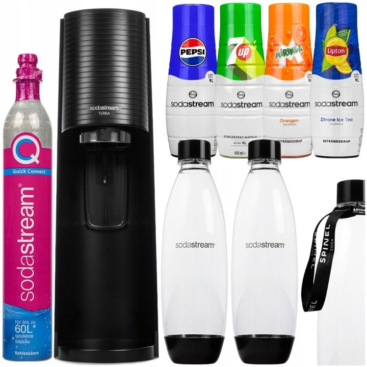 OdkryjSodaStream SATURATOR SODASTREAM TERRA 2 BUTELKI + 4x SYROPY PEPSI 7UP LIPTON