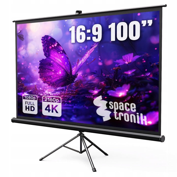 Spacetronik Ekran projekcyjny 100 ze STATYWEM przenośny 16:9 zwijany 4K Spacetronik