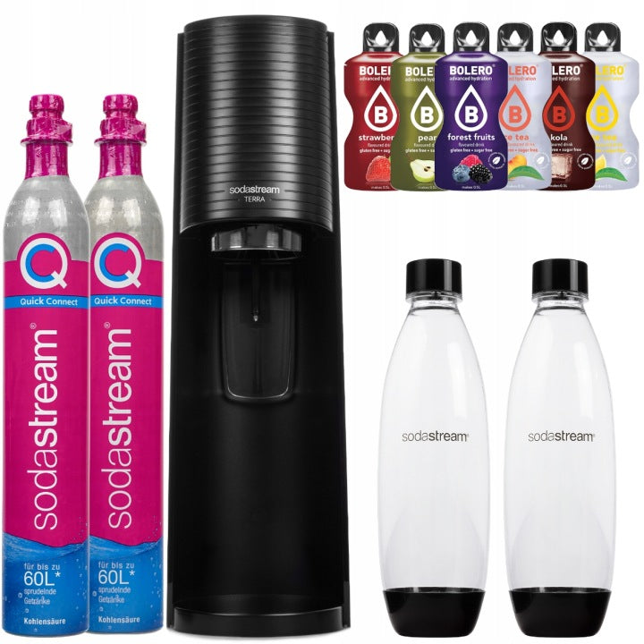 OdkryjSodaStream SATURATOR SODASTREAM TERRA BLACK 2 BUTELKI + 2 NABOJE CYLINDRY + DODATKI(440 ml/SATURATOR SODASTREAM TERRA BLACK 2 BUTELKI + 2 NABOJE CYLINDRY + DODATKI)