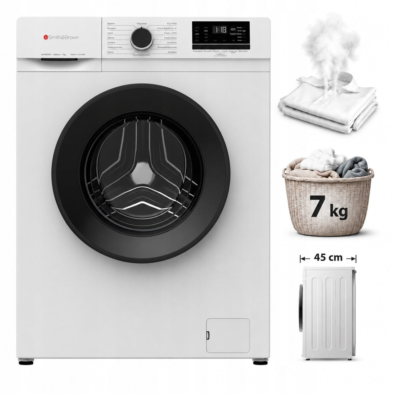 Pralka Slim SmithBrown SWAT-712-W25 7kg 1200 obr/min 74 dB 14 programów(1000/6 kg/Pralka Slim SmithBrown SWAT-712-W25 7kg 1200 obr/min 74 dB 14 programów)